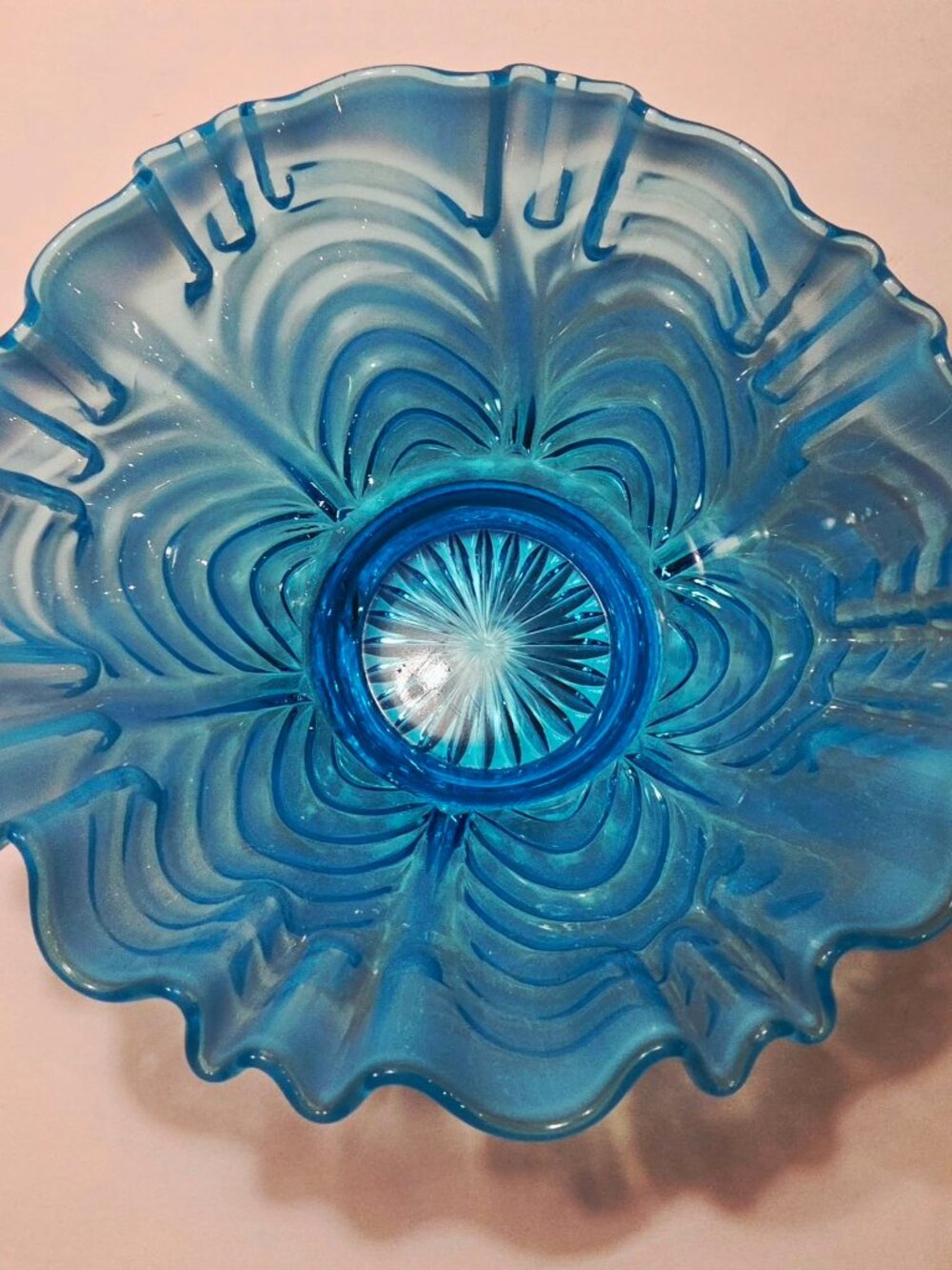 Vintage Collectible is a Fenton Blue Opalescent Reverse Drape Ruffled Bowl